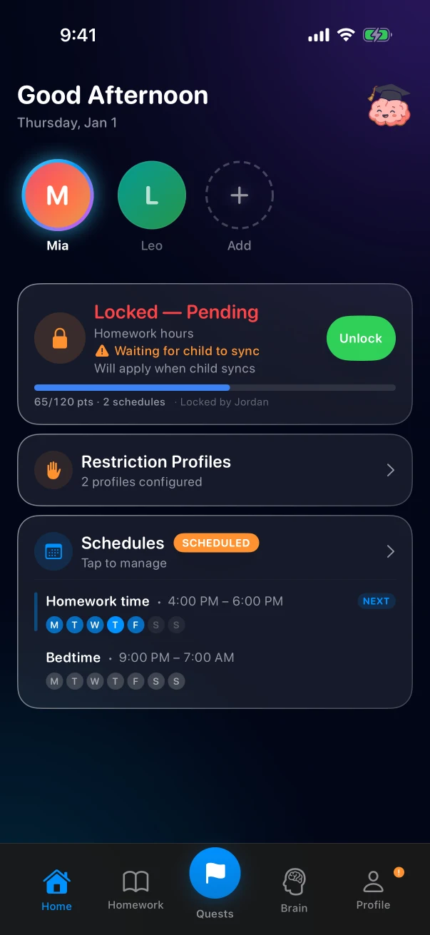 Parent dashboard for the sanitized demonstration family showing a pending restriction command.