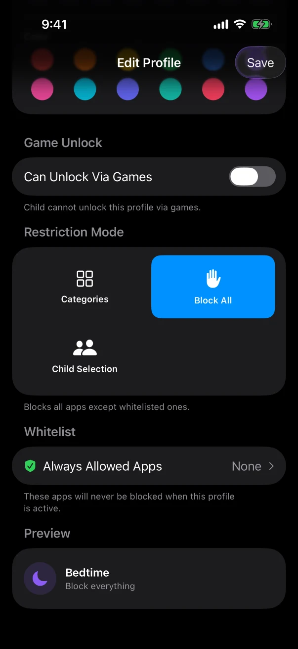 Braincove restriction editor showing Block All mode and allowed choices for the sanitized demonstration family.