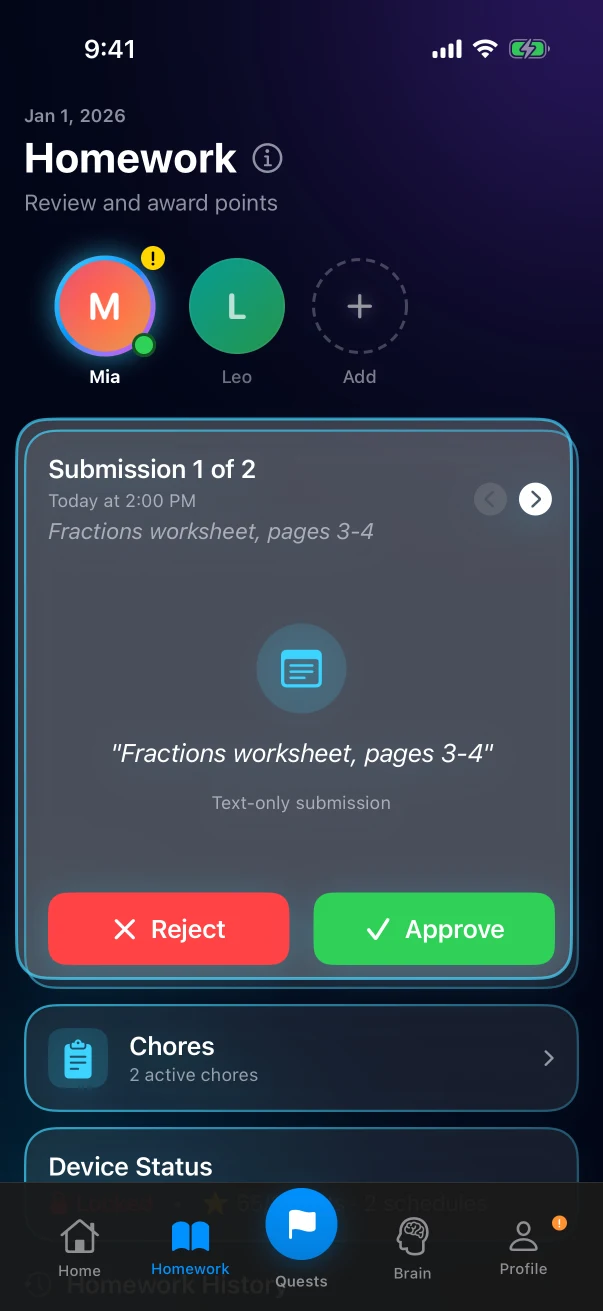 Parent review queue in the sanitized demonstration family showing submitted homework with approve and reject controls.