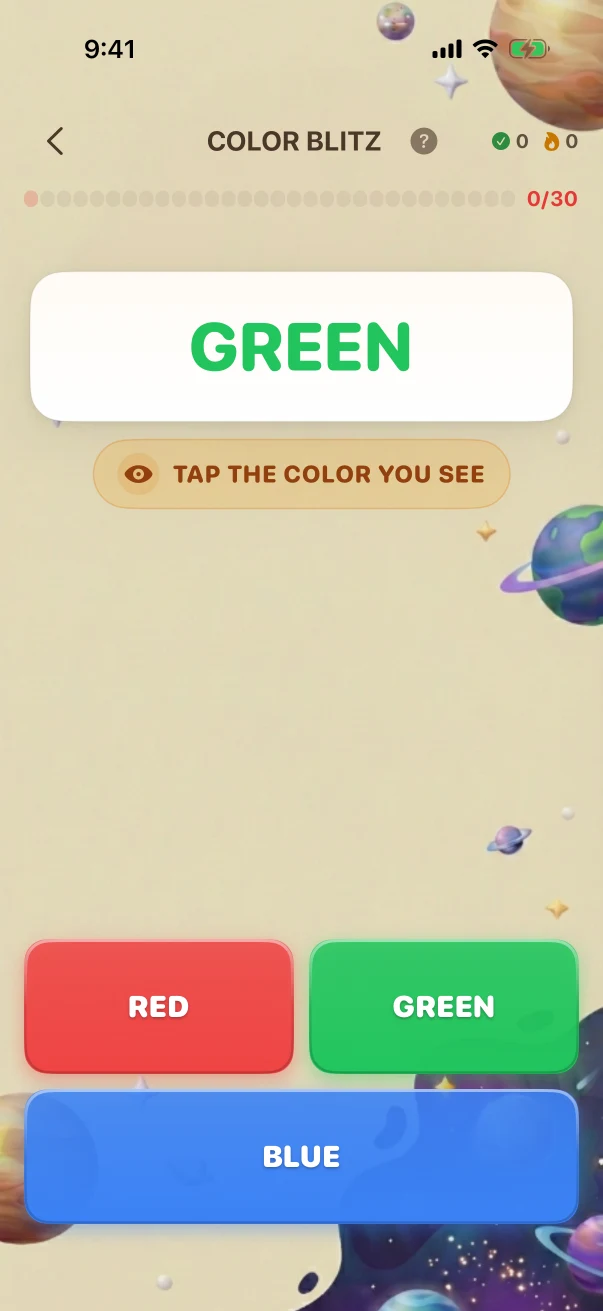 ColorBlitz Problem screen. TAP THE COLOR YOU SEE