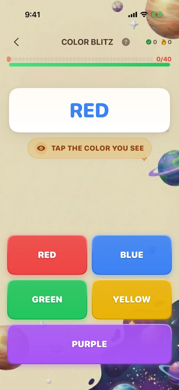 ColorBlitz Problem screen. TAP THE COLOR YOU SEE