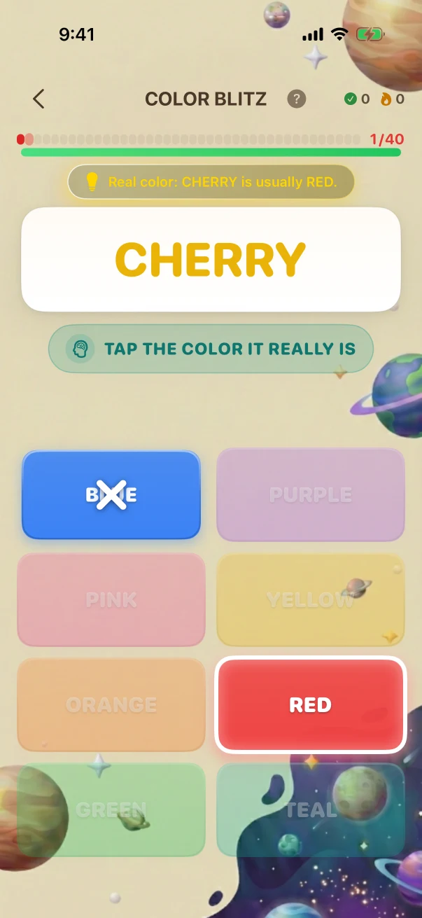 ColorBlitz Wrong-answer feedback. TAP THE COLOR IT REALLY IS