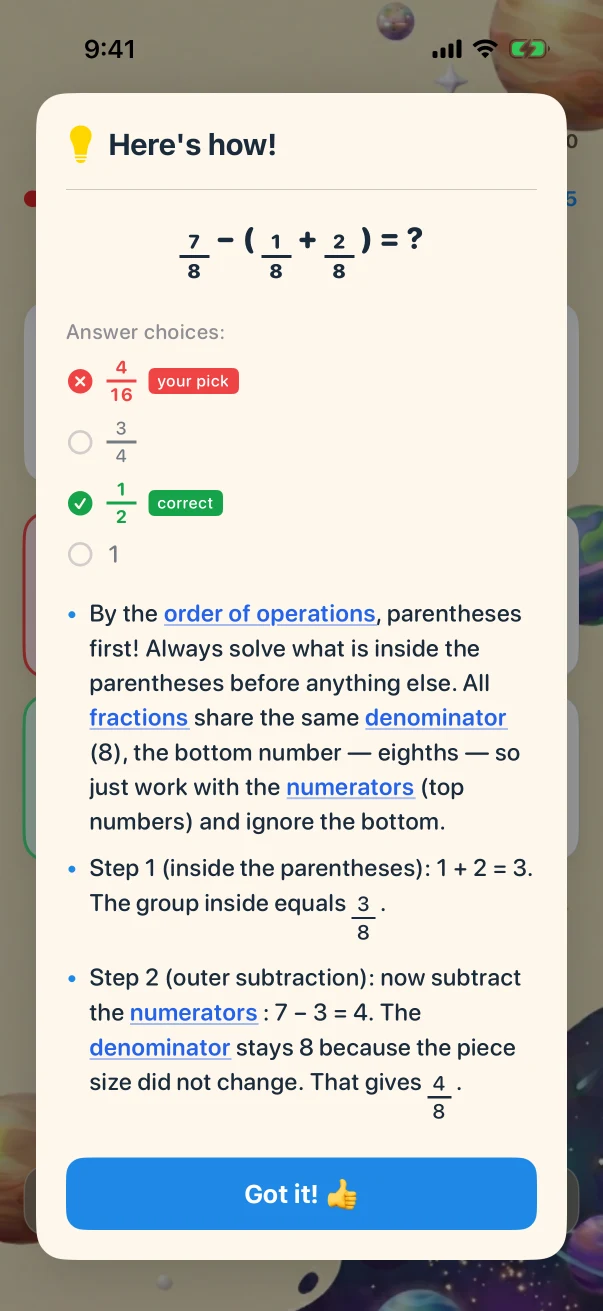 FractionNavigator Wrong-answer feedback. 7/8 − (1/8 + 2/8) = ?