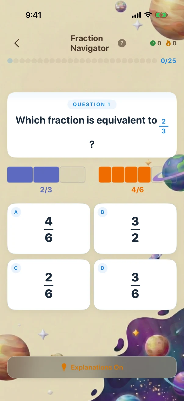 FractionNavigator Problem screen. Which fraction is equivalent to 2/3?