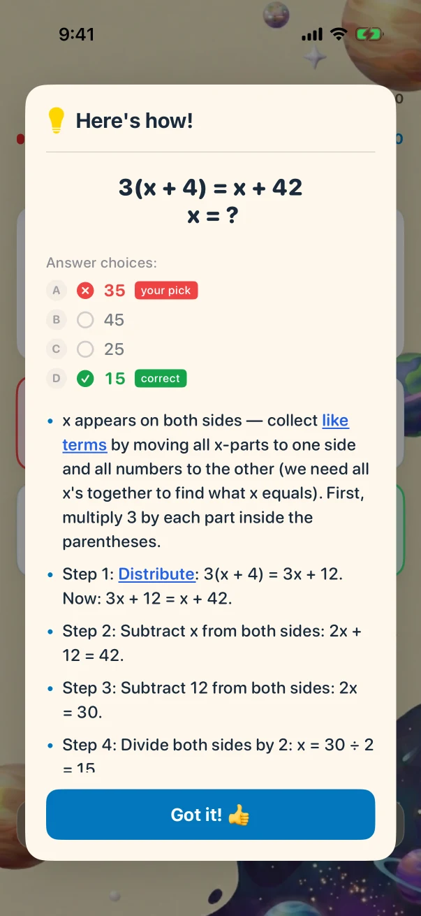 MathMaster wrong-answer feedback. 3(x + 4) = x + 42, x = ?