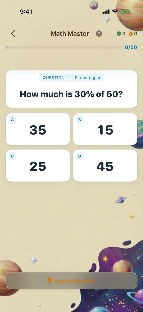 MathMaster problem screen. How much is 30% of 50?