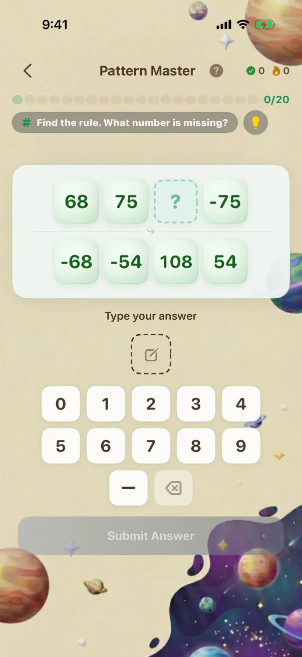 PatternMaster Problem screen. Find the rule. What number is missing?