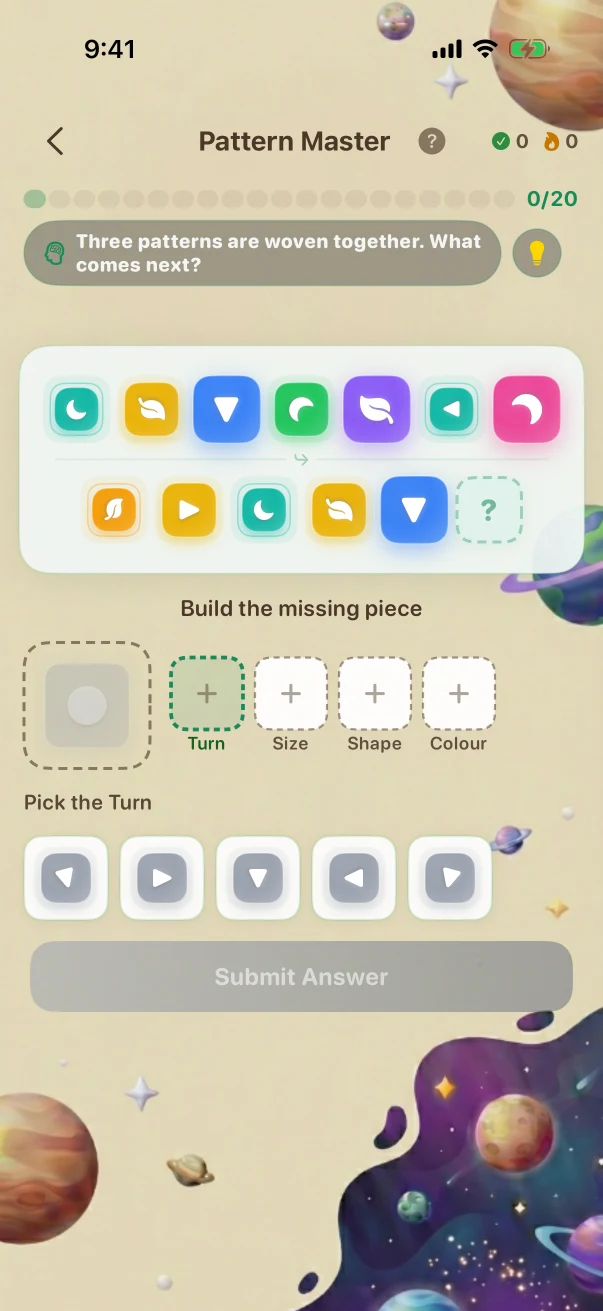 PatternMaster Problem screen. Three patterns are woven together. What comes next?