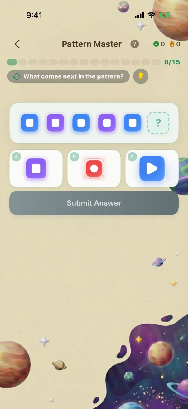 PatternMaster Problem screen. What comes next in the pattern?