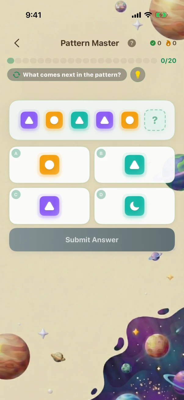 PatternMaster Problem screen. What comes next in the pattern?