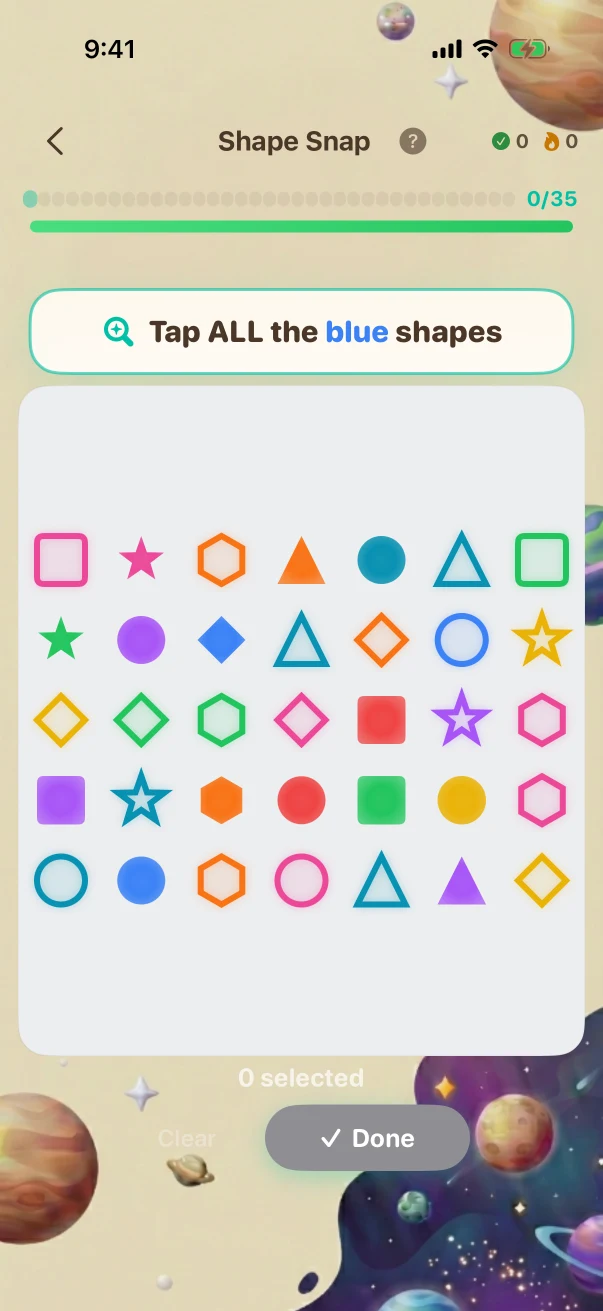 ShapeSnap Problem screen. Tap ALL the BLUE shapes