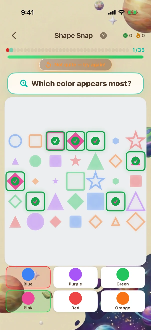 ShapeSnap Wrong-answer feedback. Which color has the MOST shapes?