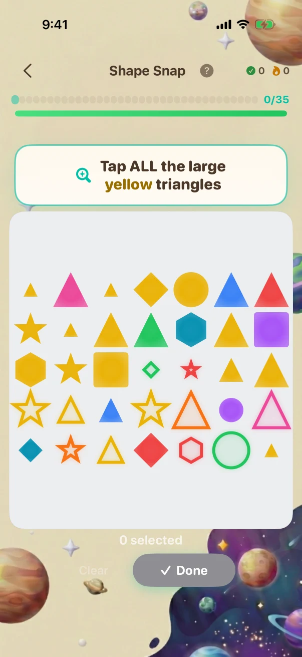 ShapeSnap Problem screen. Spot every LARGE YELLOW TRIANGLE