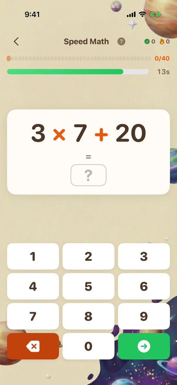 SpeedMath Problem screen. 3 × 7 + 20 = ?