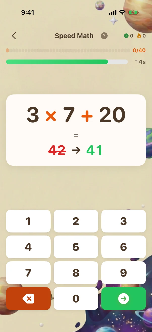 SpeedMath Wrong-answer feedback. 3 × 7 + 20 = ?