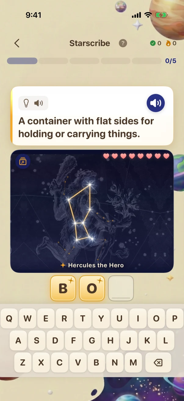 Starscribe Problem screen. A container with flat sides for holding or carrying things.