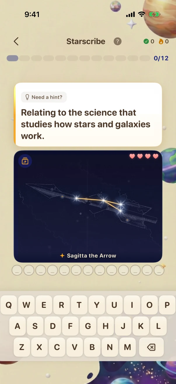 Starscribe Problem screen. Relating to the science that studies how stars and galaxies work.