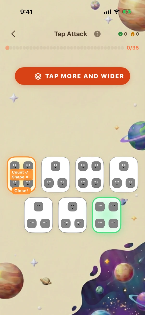 TapAttack Wrong-answer feedback. TAP MORE AND WIDER (7 cards)