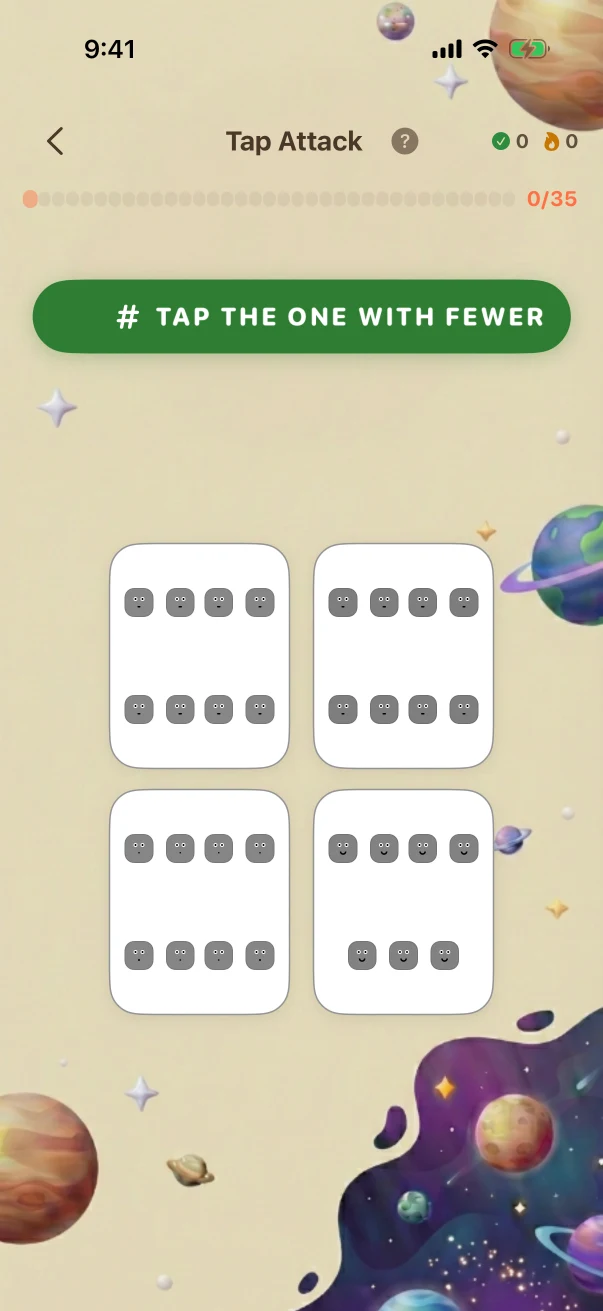 TapAttack Problem screen. TAP THE ONE WITH FEWER (4 cards)