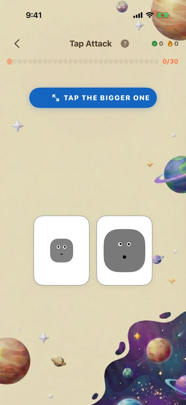 TapAttack Problem screen. TAP THE BIGGER ONE (2 cards)