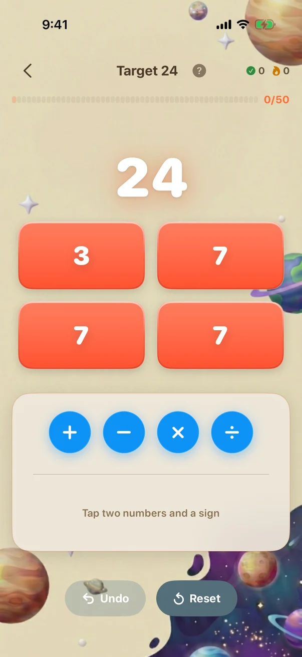 Target24 Problem screen. Make 24 from 3, 7, 7, 7