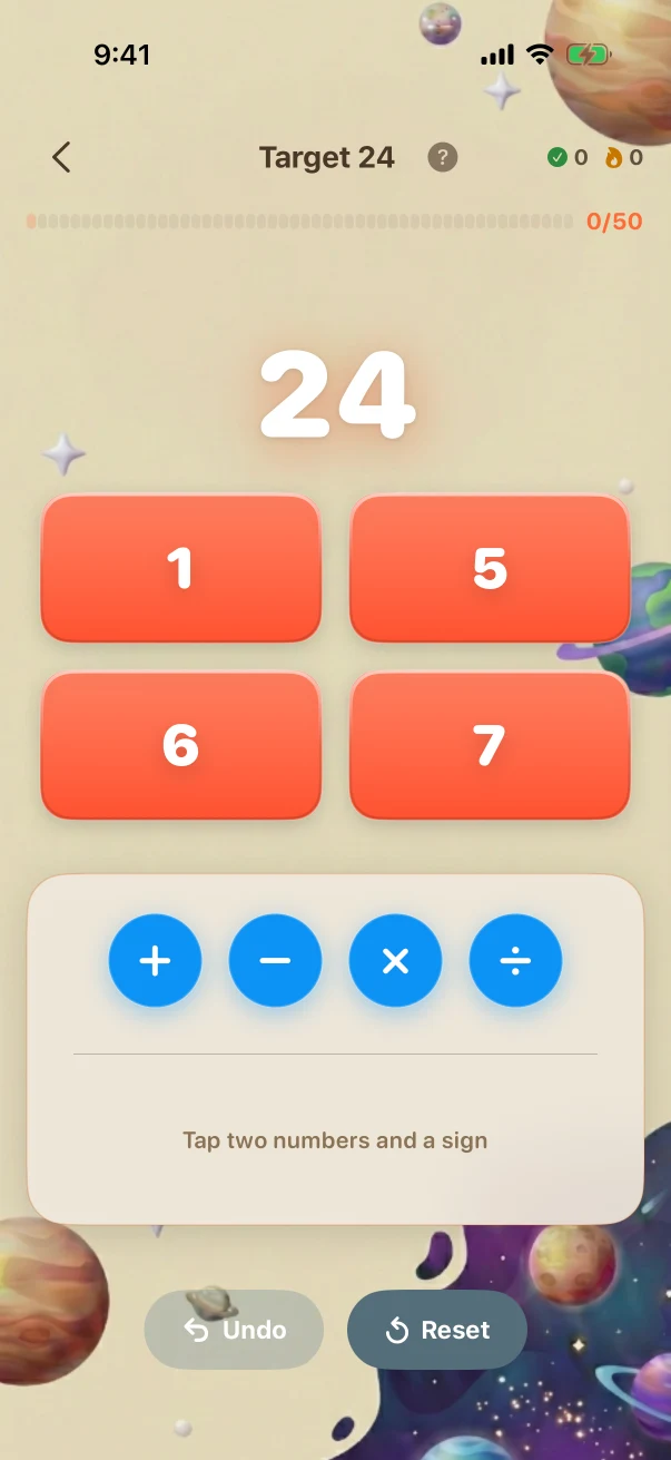 Target24 Problem screen. Make 24 from 1, 5, 6, 7