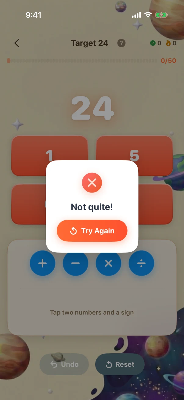 Target24 Wrong-answer feedback. Make 24 from 1, 5, 6, 7