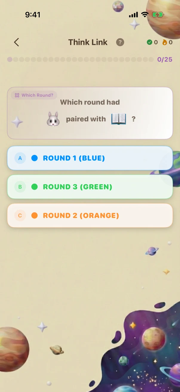 ThinkLink Problem screen. Which round had 🐰 paired with 📖?