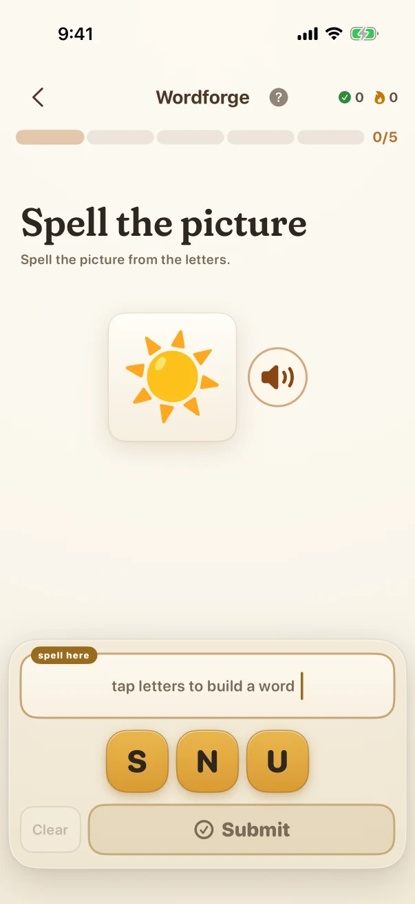 Wordforge Problem screen. Spell the picture