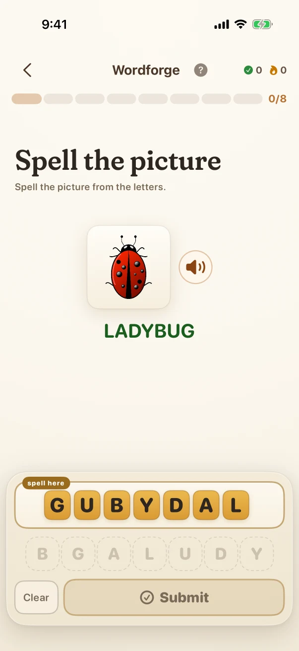 Wordforge Wrong-answer feedback. Spell the picture