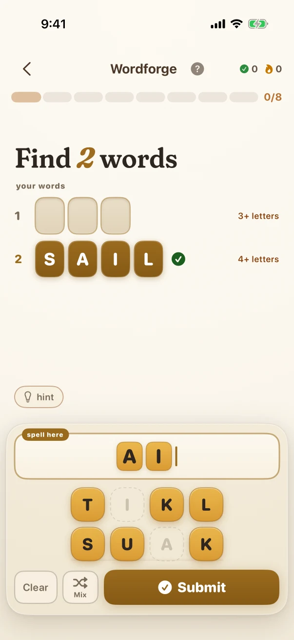 Wordforge Active word-building response. Find 2 words