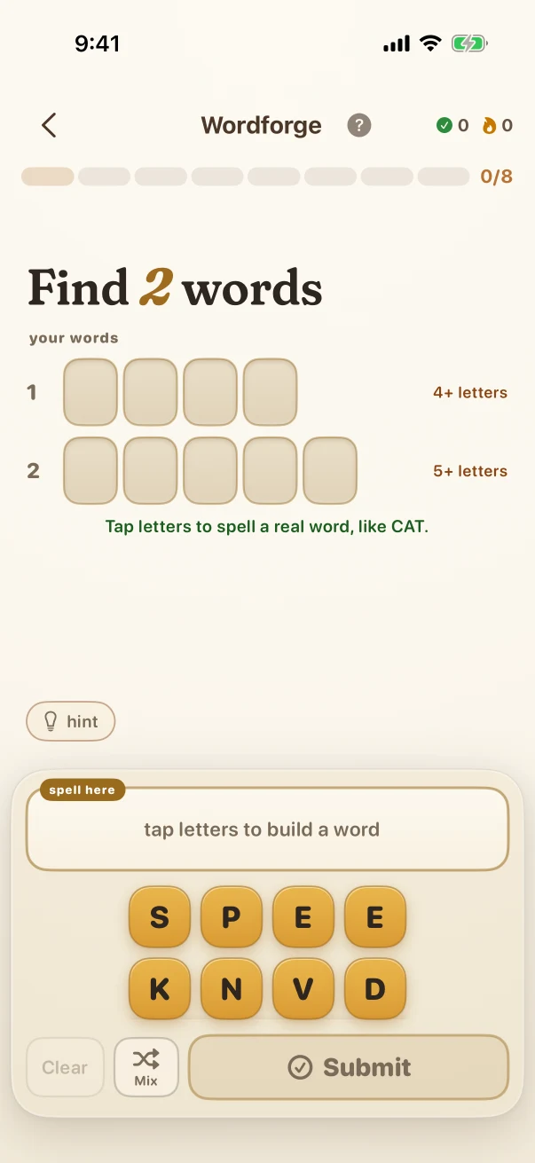 Wordforge Problem screen. Find 2 words