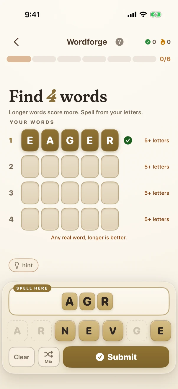 Wordforge Active word-building response. Find 4 words