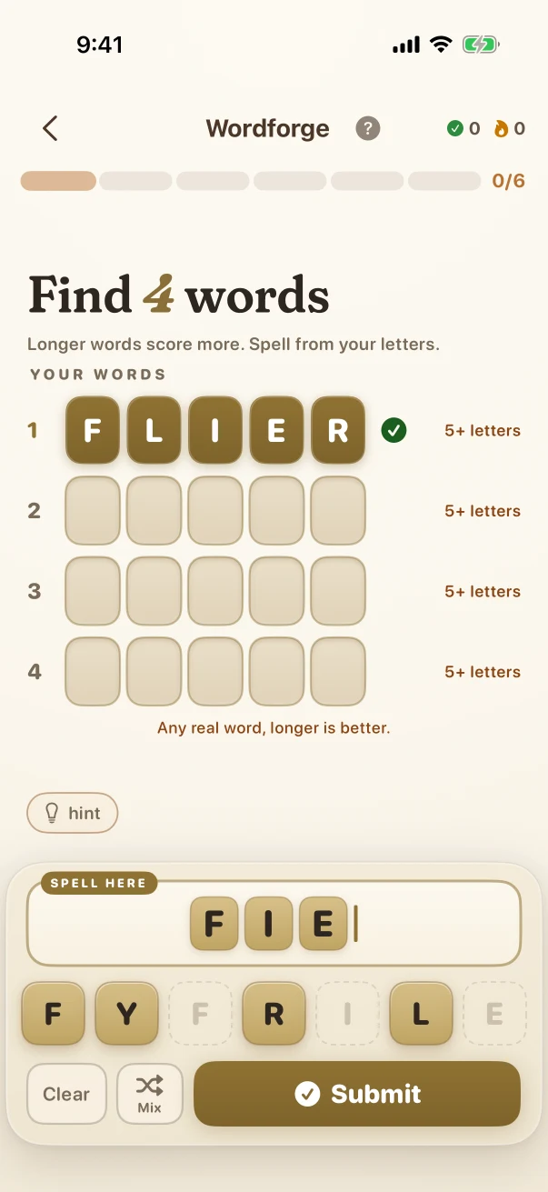 Wordforge Active word-building response. Find 4 words