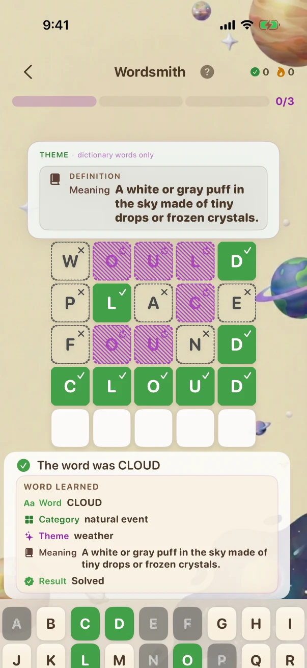 Wordsmith Correct-answer feedback. weather
