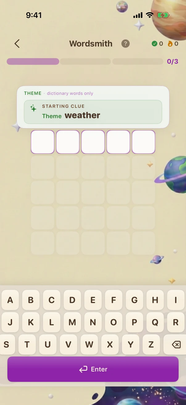 Wordsmith Problem screen. weather