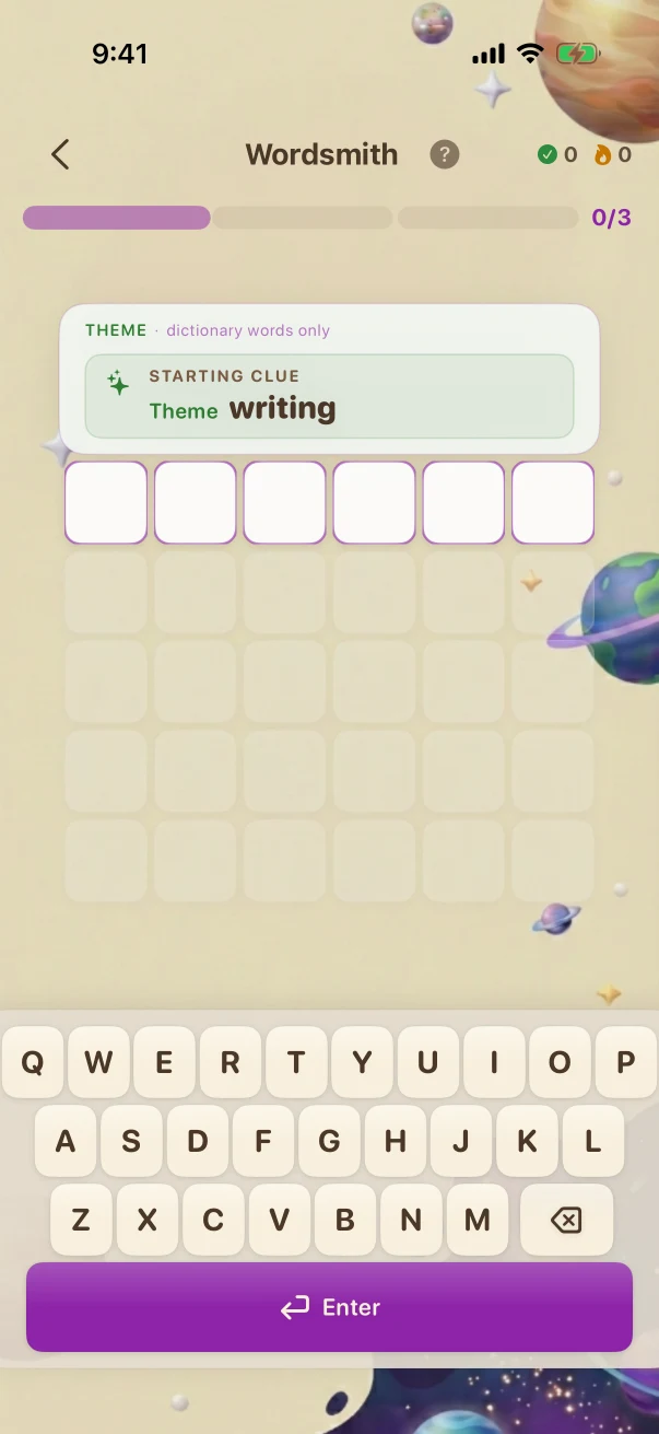 Wordsmith Problem screen. writing
