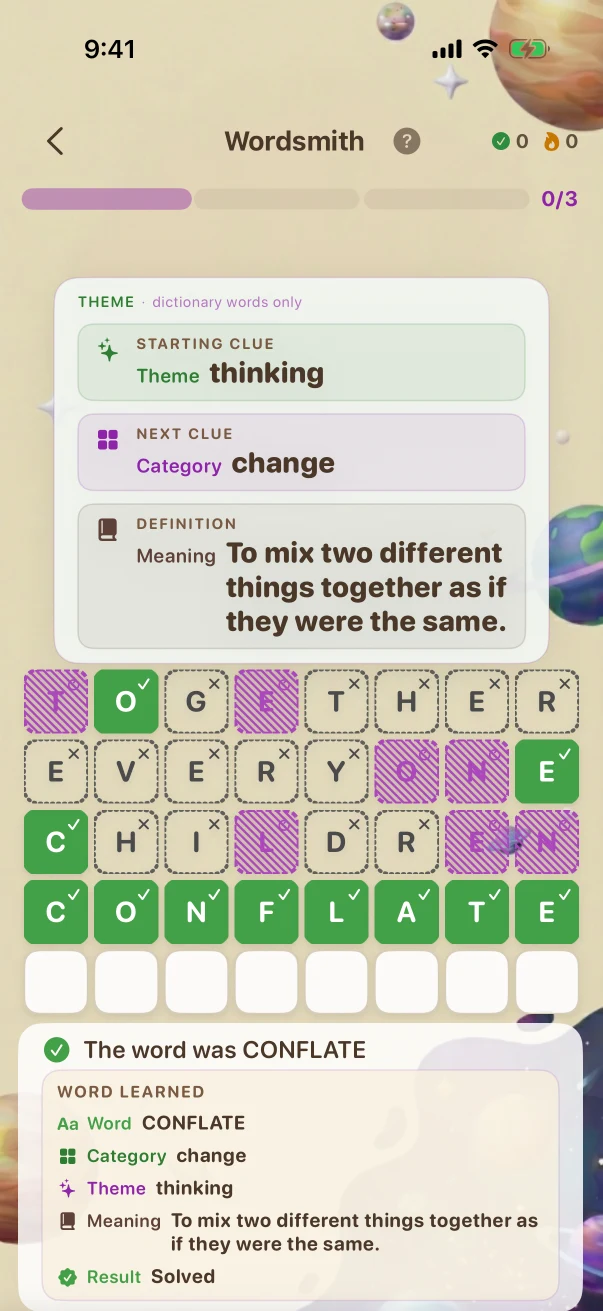 Wordsmith Correct-answer feedback. thinking