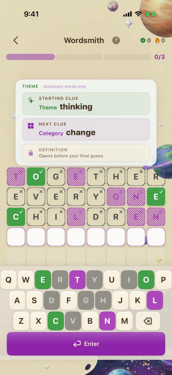 Wordsmith Guesses and letter feedback. thinking