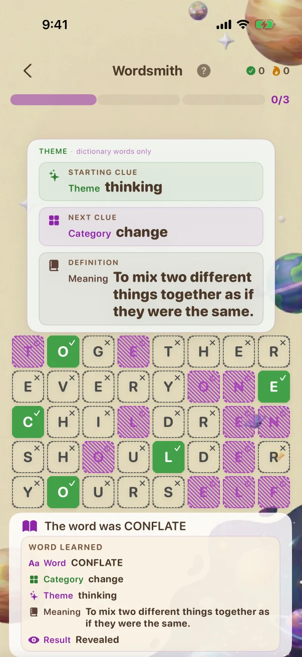 Wordsmith Wrong-answer feedback. thinking